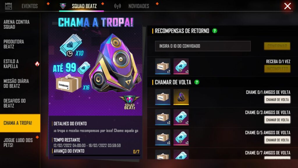 Chamar amigo de volta Free Fire: receba até 19.999 diamantes