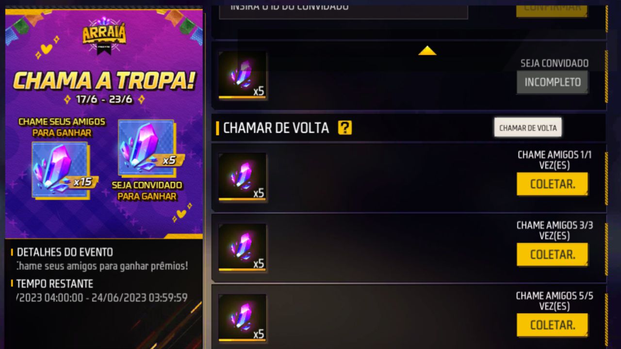 COMO CHAMAR AMIGO DE VOLTA NO FREE FIRE - E COMPLETA O EVENTO CHAMA SUA  TROPA! 