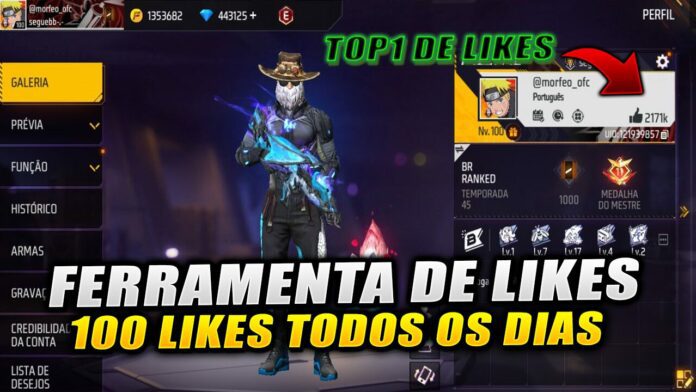 Imagem de um personagem de Free Fire segurando uma arma, com um fundo de cidade destruída. O personagem está em uma pose de