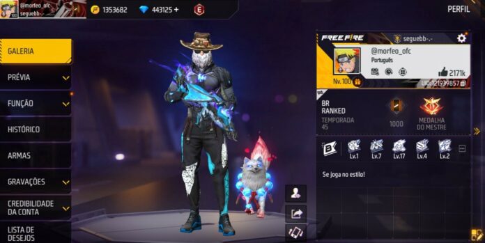 Interface do jogo Free Fire mostrando o perfil do usuário @morfeo_ofc, nível 100, com 2171k de curtidas. O personagem usa um chapéu de cowboy, roupa preta com detalhes azuis brilhantes e segura uma arma futurista. Ao lado, há um lobo branco com acessórios vermelhos e azuis. A tela exibe opções de galeria, como prévia, função, histórico, armas, gravações e lista de desejos, além de estatísticas como BR Ranked Temporada 45 e Medalha do Mestre. O usuário possui 1353682 moedas e 443125 diamantes.