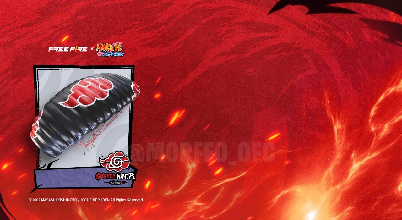 Imagem promocional do evento 'Caçaria de Jinchuriki' em Free Fire, destacando um paraquedas temático da Akatsuki. O paraque