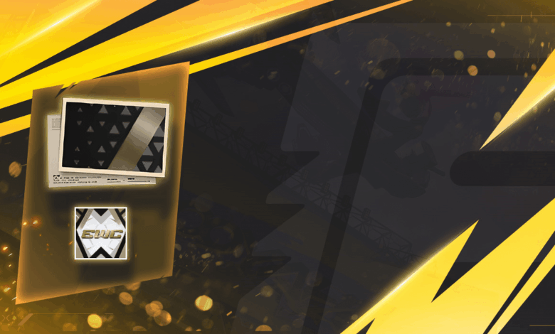 Imagem promocional do evento EWC (Esports World Cup) no Free Fire. No centro, destacam-se os logos do Free Fire e do EWC, cer