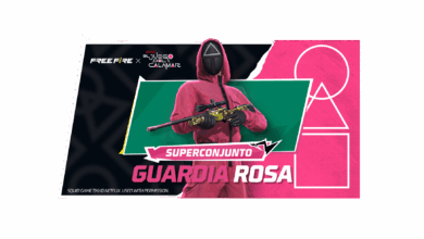 Imagem promocional do evento 'Sorte Royale' em Free Fire, destacando como obter o 'Pink Guard Super Bundle', uma skin de arma