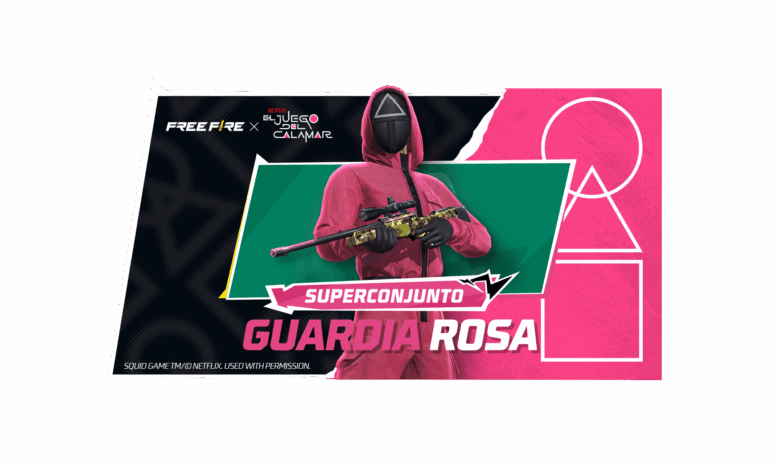 Imagem promocional do evento 'Sorte Royale' em Free Fire, destacando como obter o 'Pink Guard Super Bundle', uma skin de arma