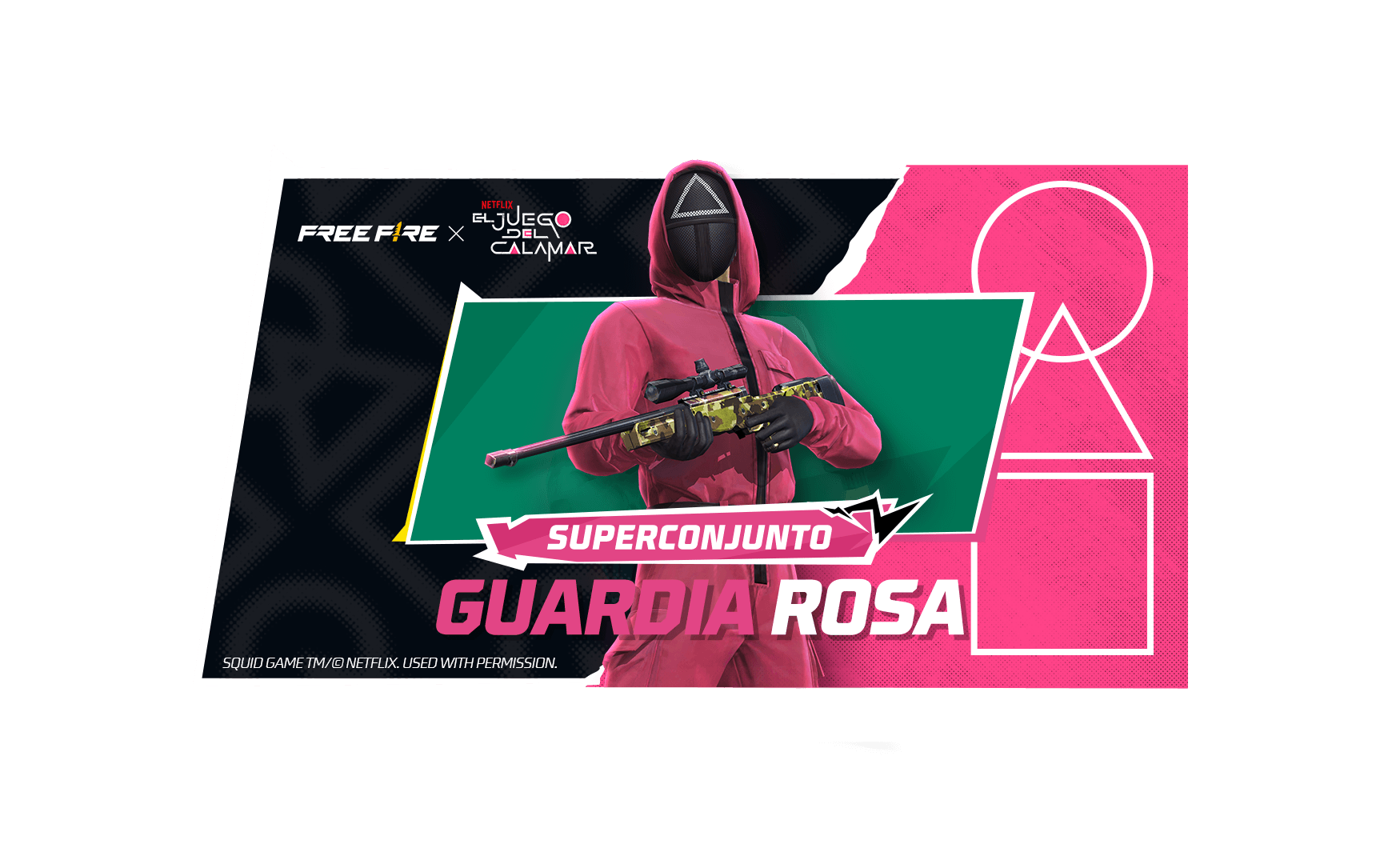 Promotional image of the 'SORTE ROYALE' event in Free Fire, highlighting how to get the 'Pink Guard Super Bundle', a weapon skin, and a themed Gloo Wall. The image shows game characters wearing the bright pink bundle, next to a detailed weapon skin and a Gloo Wall with the 'Red Light, Green Light' theme. The background is vibrant with eye-catching colors that spotlight the exclusive items available in the event.