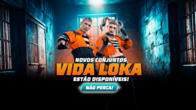 Imagem promocional de Free Fire destacando um novo desconto especial. No centro, vemos os conjuntos 'Vida Loka Mermao' e 'Vid