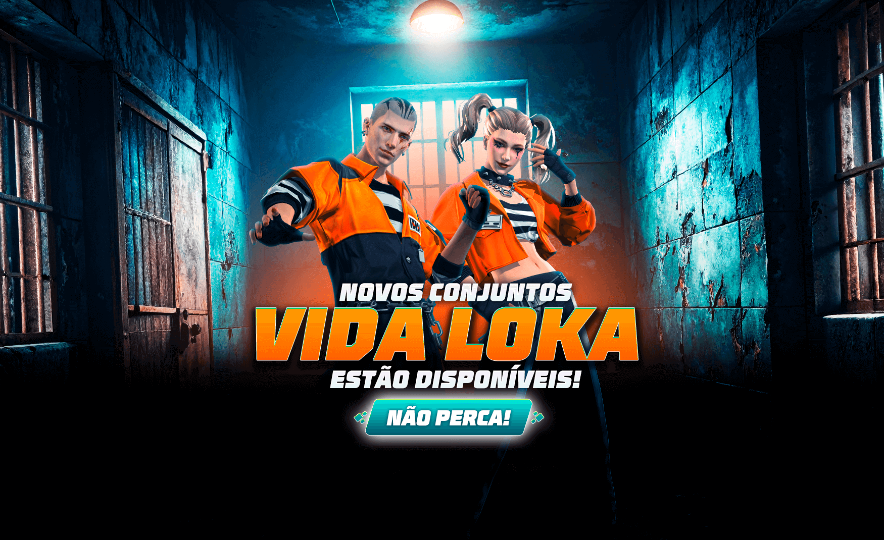 Imagem promocional destacando os conjuntos Vida Loka Mermão e Vida Loka Merma com designs vibrantes e urbanos em um fundo de gradiente azul e roxo.