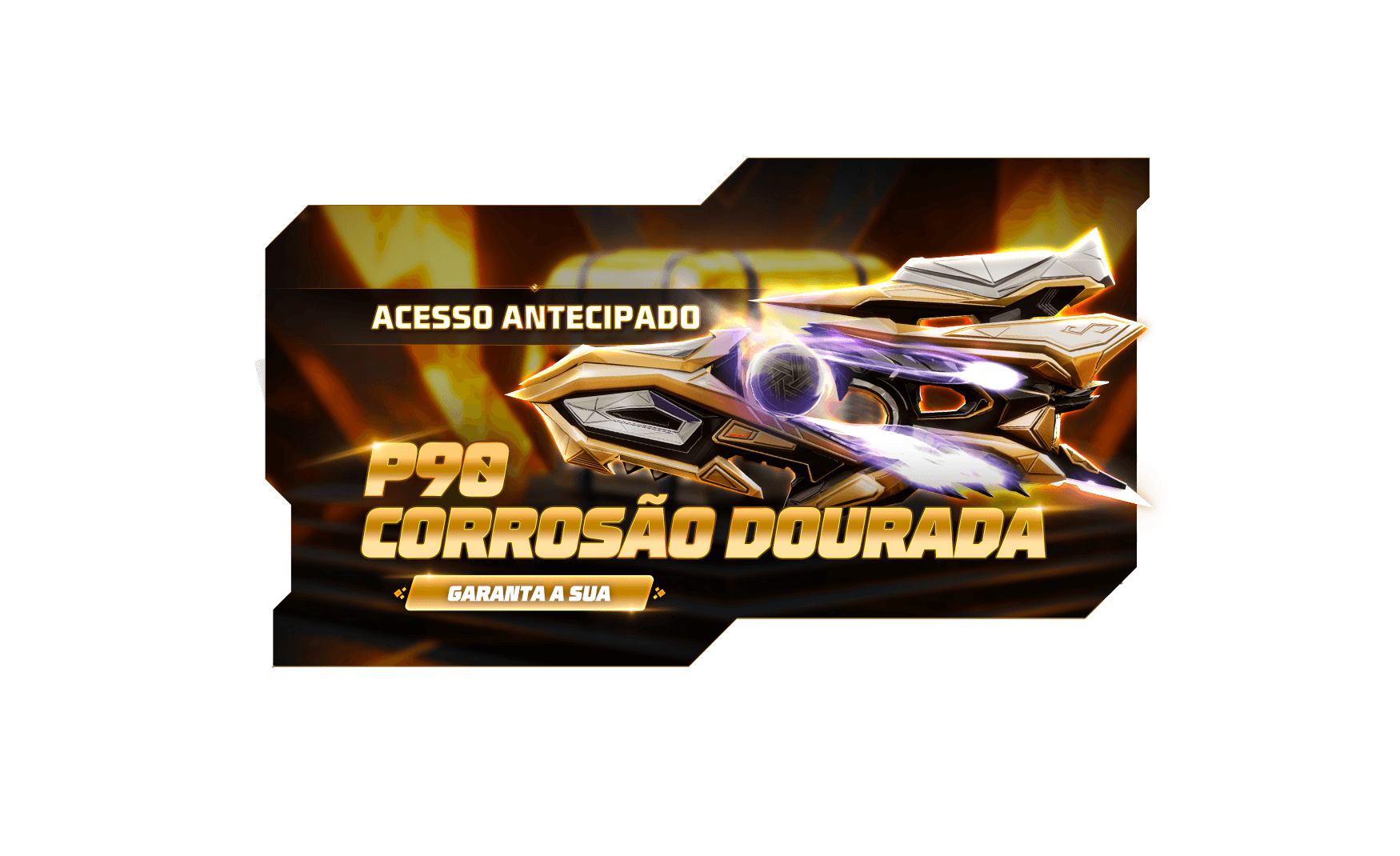 Imagem promocional do novo Escolha Royale no Free Fire. Destaca três itens exclusivos: a Asa Delta de Equipe, que oferece um visual único para o personagem durante o salto; a Caranga da Tropa, um veículo temático com design militar; e o Traje de Pet Shiba Dourado, um visual elegante para o companheiro canino.