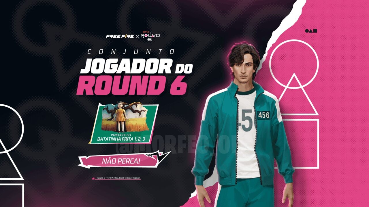 Imagem promocional do novo evento 'Escolha Royale' no Free Fire. Destaque para o conjunto 'Jogador do Round 6', que inclui um
