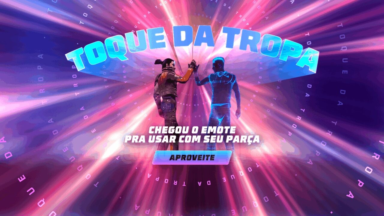 Imagem promocional do novo evento 'Escolha Royale' no Free Fire, destacando o emote 'Toque da Tropa' e a skin de arma 'Adaga