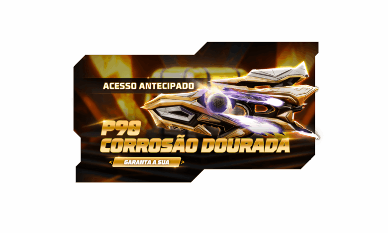 Imagem promocional do novo evento 'Escolha Royale' no Free Fire, destacando a P90 Corrosão Dourada e o Banner Top Criminal D