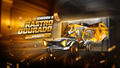 A imagem apresenta uma interface do evento 'Escolha Royale' em Free Fire. No centro, há um cofre dourado brilhante, simboliz
