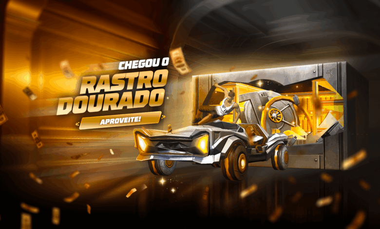 A imagem apresenta uma interface do evento 'Escolha Royale' em Free Fire. No centro, há um cofre dourado brilhante, simboliz