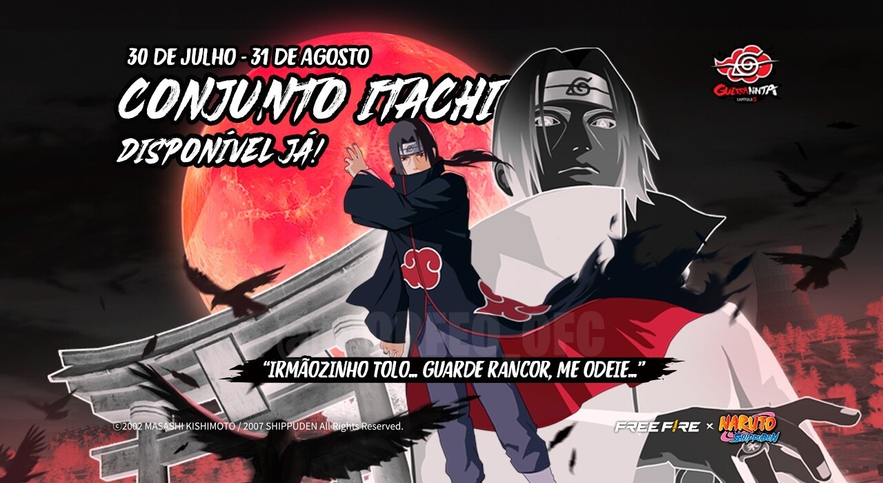 A imagem destaca o novo evento 'Batalha Shinobi' em Free Fire, onde os jogadores têm a chance de ganhar a skin de arma 'Foic