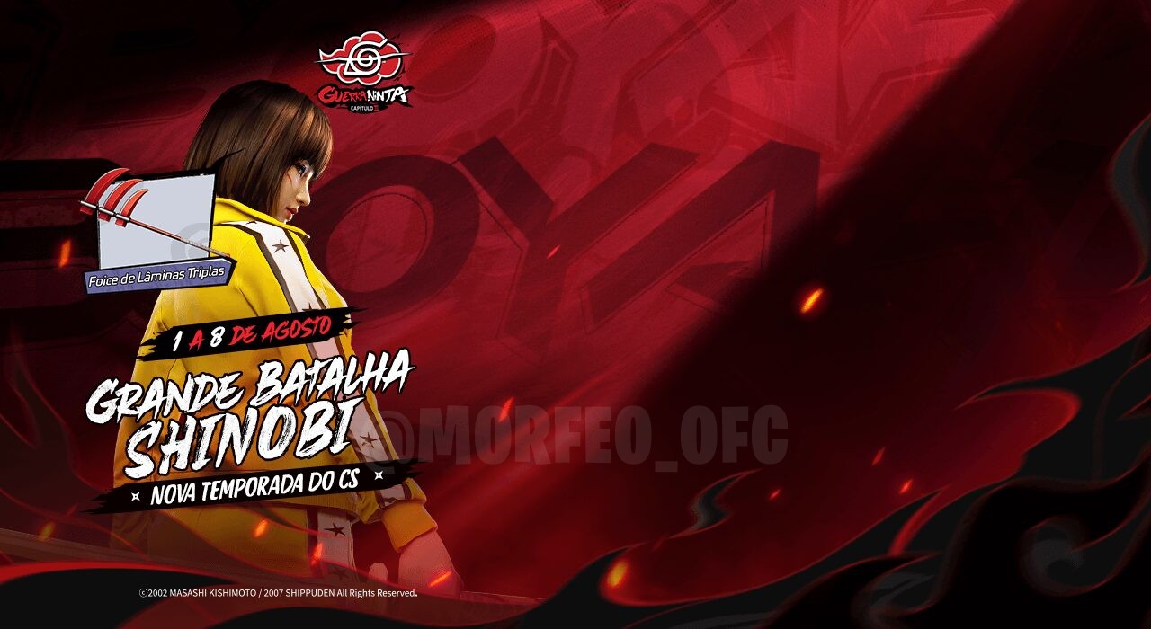 Imagem promocional do novo evento 'Batalha Shinobi' em Free Fire. No centro, destaca-se uma skin exclusiva de arma, a Foice d