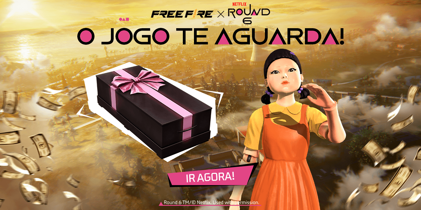Imagem promocional do novo evento 'Bem-Vindo ao Jogo' no Free Fire. No centro, destaca-se um personagem do jogo segurando um