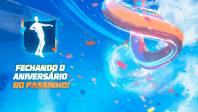 Imagem promocional do novo evento 'Passinho do Oitavo' no Free Fire. No centro, destaca-se um personagem em uma motinha, real