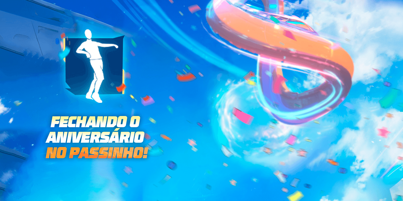 Imagem promocional do novo evento 'Passinho do Oitavo' no Free Fire. No centro, destaca-se um personagem em uma motinha, realizando uma dança animada que é a essência do emote 'Dança da Motinha'. Ao fundo, o cenário urbano com grafites e luzes neon, típico de eventos temáticos do jogo, cria uma atmosfera vibrante.