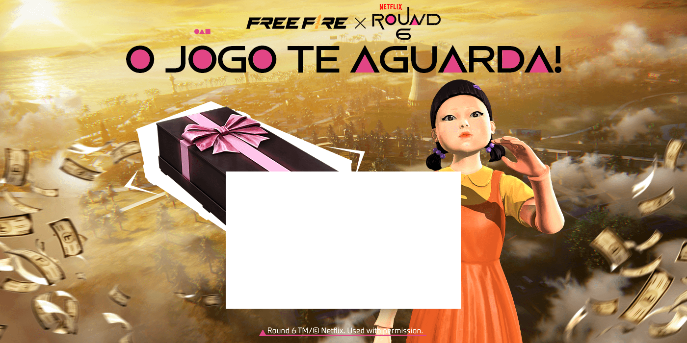 A imagem promove um novo evento no Free Fire chamado 'Vamos Jogar', onde os jogadores podem ganhar tokens Round. O design é