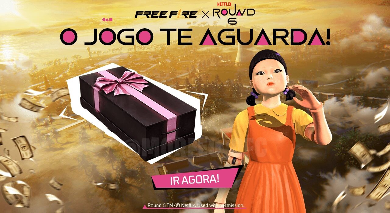 Imagem promocional do evento 'Vamos Jogar' no Free Fire, destacando a oportunidade de ganhar tokens round. O fundo é vibrant
