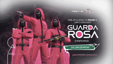 Imagem promocional do novo Token Royale no Free Fire. No centro, destaca-se uma máscara estilizada, conhecida como 'Máscara