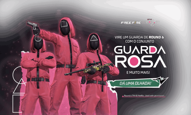 Imagem promocional do novo Token Royale no Free Fire. No centro, destaca-se uma máscara estilizada, conhecida como 'Máscara