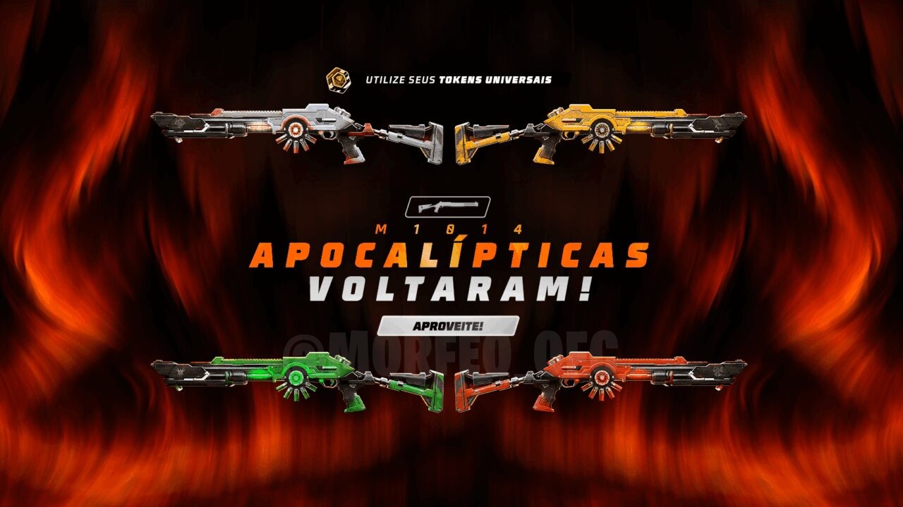 Imagem promocional do novo Token Royale no Free Fire, destacando duas skins exclusivas para a arma M1014: 'Guerra' e 'Fome'.
