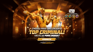 A imagem apresenta a nova Torre de Tokens no Free Fire, destacando a Token Top Criminal Dourada e o Conjunto Top Criminal Dou