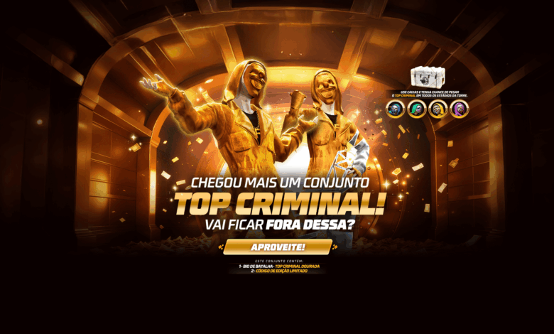 A imagem apresenta a nova Torre de Tokens no Free Fire, destacando a Token Top Criminal Dourada e o Conjunto Top Criminal Dou