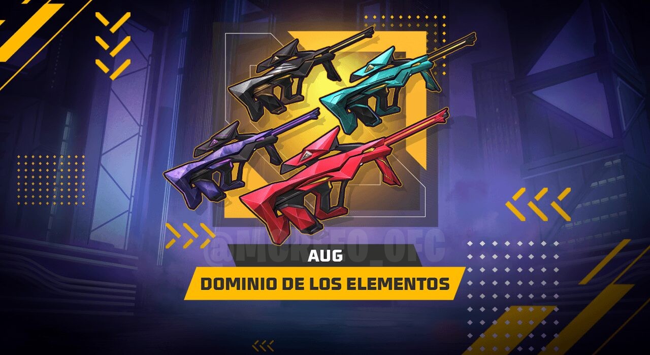 Imagem promocional da roleta de tokens em Free Fire, destacando as novas skins de arma AUG 'Domínio do Fogo' e 'Domínio do