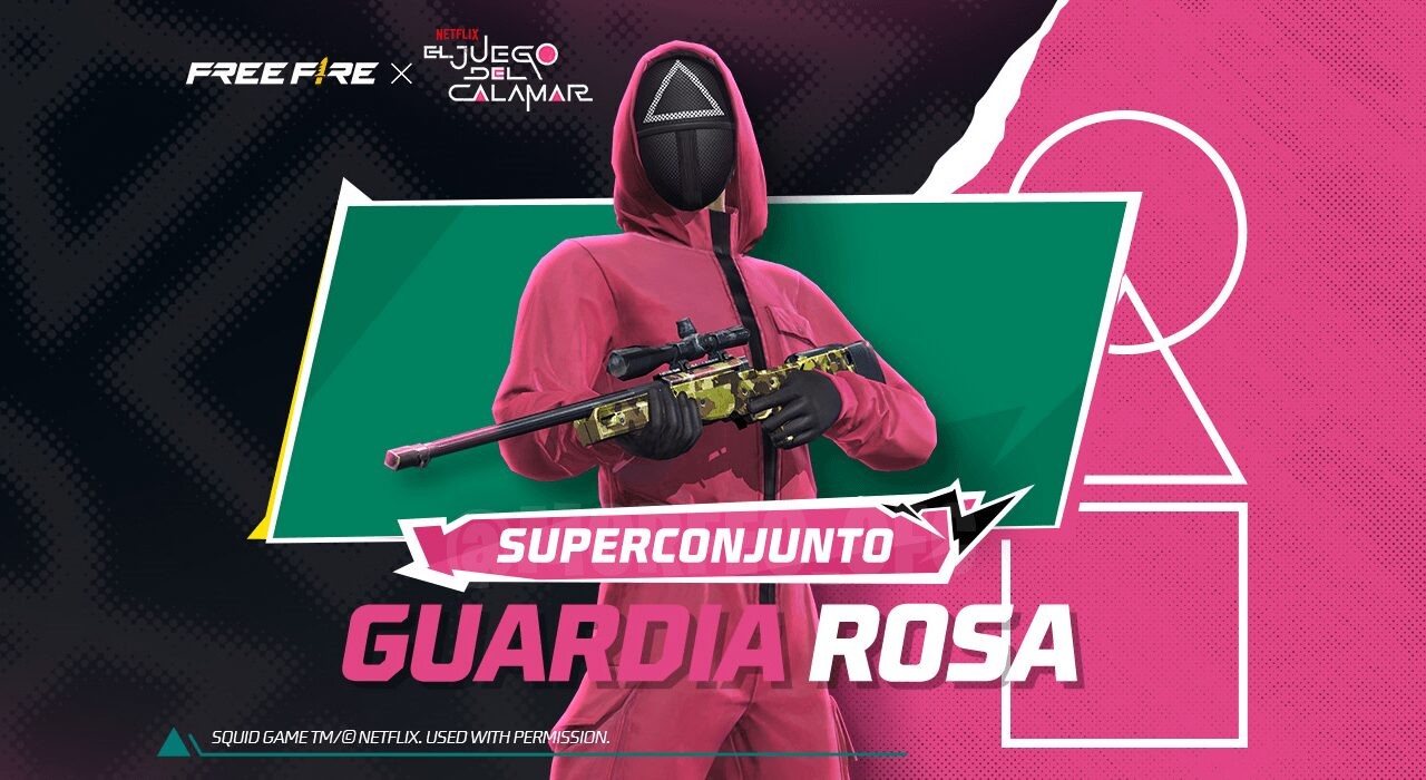 Imagem da nova roleta de tokens em Free Fire, destacando itens exclusivos como o Superconjunto Guardião Rosa, uma skin de ar