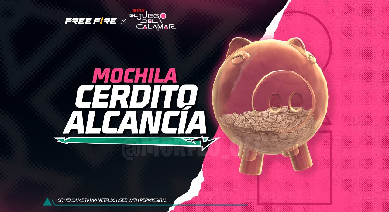Imagem promocional da nova roleta mágica em Free Fire, destacando itens exclusivos. No centro, vemos uma mochila temática d