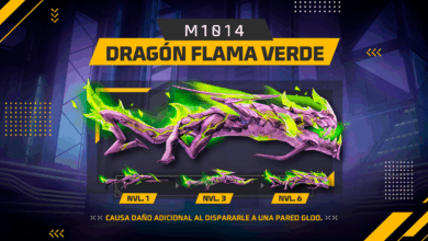 Imagem promocional do evento 'Ruleta Mágica' em Free Fire, destacando como obter a skin de arma M1014 Dragon Flama Verde e a