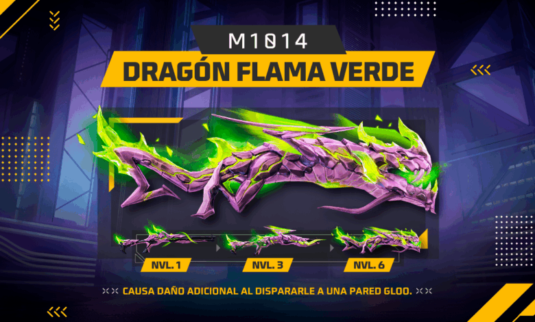 Imagem promocional do evento 'Ruleta Mágica' em Free Fire, destacando como obter a skin de arma M1014 Dragon Flama Verde e a