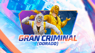 Imagem do evento 'Torre de Tokens' em Free Fire, destacando o 'Token Criminal Dourado' e o 'Conjunto Gran Criminal Dourado'.