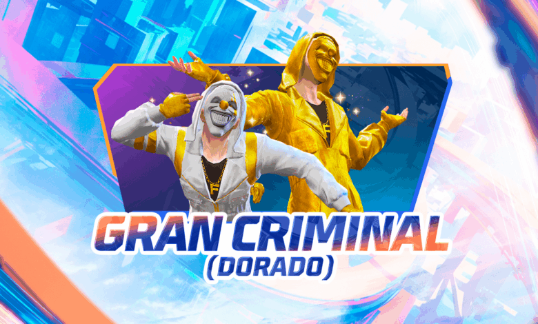 Imagem do evento 'Torre de Tokens' em Free Fire, destacando o 'Token Criminal Dourado' e o 'Conjunto Gran Criminal Dourado'.