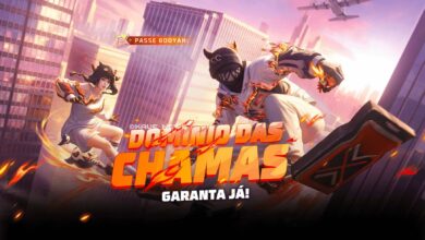 imagem mostra as skins do passe de elite de agosto 2025 dominio das chamas
