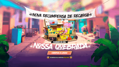 Imagem promocional do evento 'Recarga Nossa Quebrada' no Free Fire. No centro, destaca-se um ícone de diamante com o número