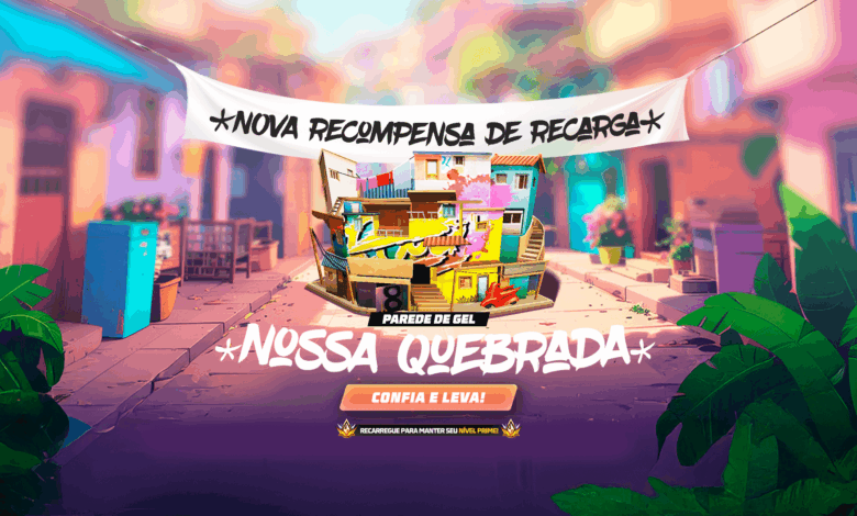 Imagem promocional do evento 'Recarga Nossa Quebrada' no Free Fire. No centro, destaca-se um ícone de diamante com o número