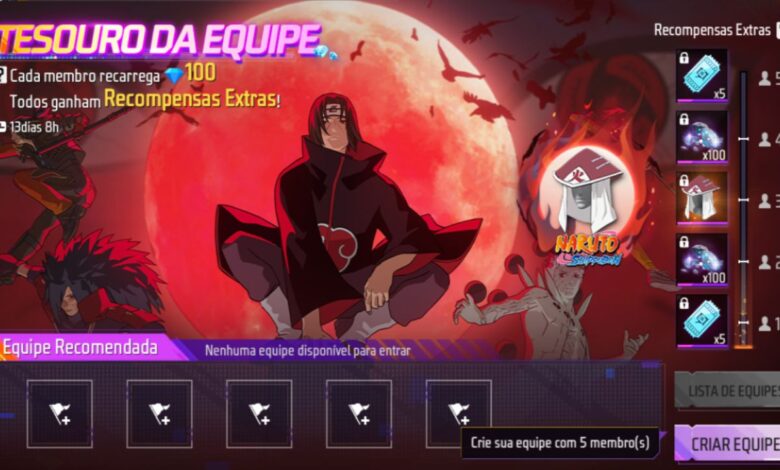 imagem mostra o evento tesouro da equipe e a recompensa chapeu do hokage!