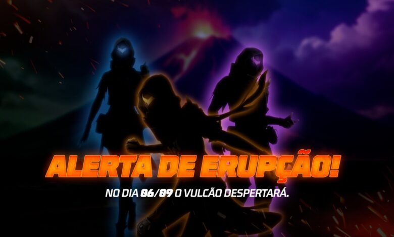 imagem mostra o banner do evento alerta de erupçao com as skins tropas sombrias!