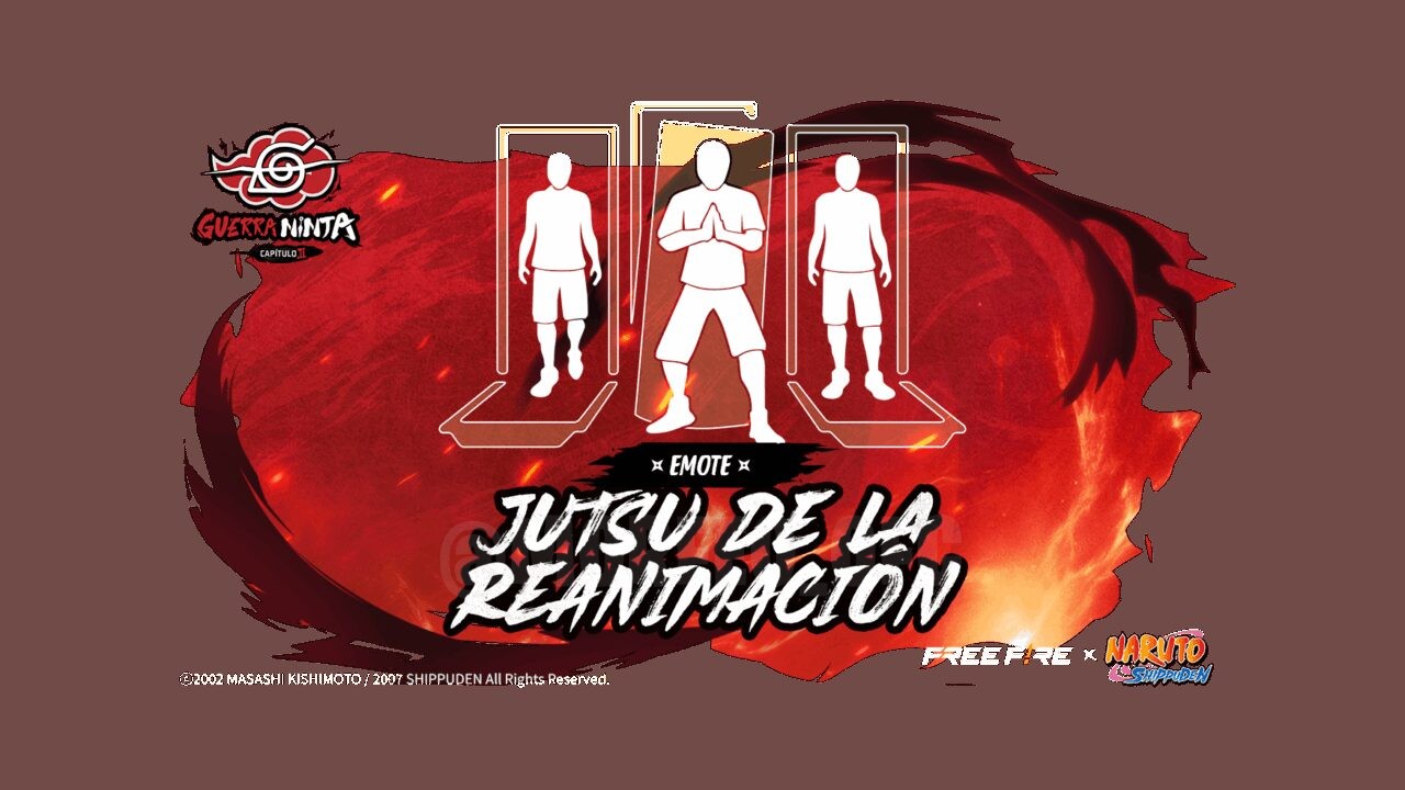 A imagem apresenta uma nova roda de sorte do Free Fire, destacando itens exclusivos como o emote 'Reanimation Jutsu', inspira