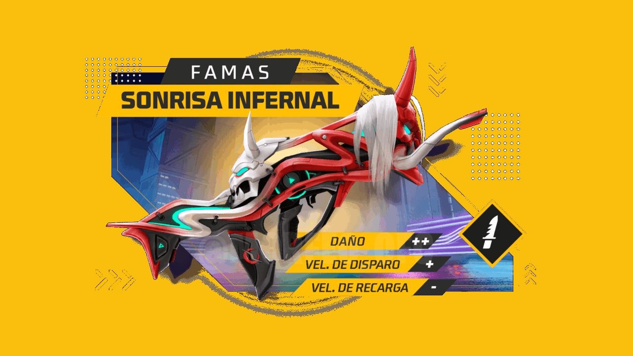 Imagem promocional do evento Faded Wheel no Free Fire, destacando a oportunidade de obter a skin da arma Famas Demonic Grin e