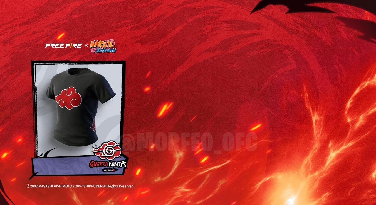 Imagem promocional do evento 'Lucha con el Diez Colas' em Free Fire, destacando a oportunidade de obter a camiseta Akatsuki.