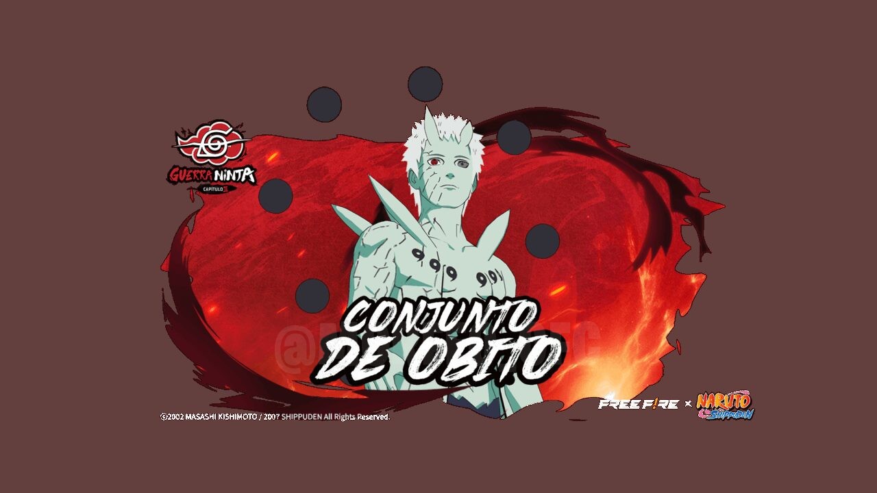 Imagem promocional do evento 'New Ring' em Free Fire, destacando como obter o Ninja Box 2 e o Token Universal de Naruto. A im