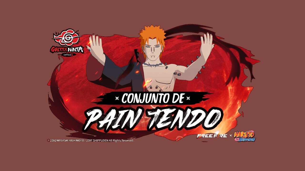 Imagem promocional do novo evento de ringue no Free Fire, destacando como obter o bundle Pain Tendo e a caixa de loot Fallen