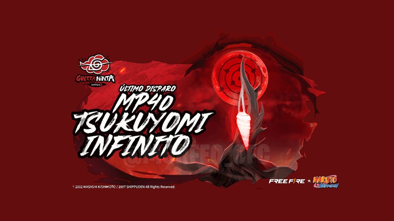Imagem do evento 'Wonder Vault Step Up' em Free Fire, destacando como obter a MP40 Final Shot, o skin Infinite Tsukuyomi e a