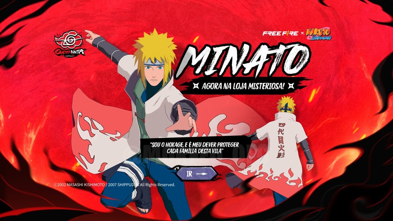 Imagem da nova loja misteriosa no Free Fire, destacando o Conjunto Minato. A interface da loja é vibrante, com um fundo roxo