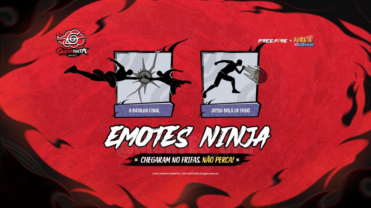 A imagem destaca o novo arco do destino em Free Fire, um item raro e poderoso. Ao lado, vemos o emote 'A Batalha Final', onde