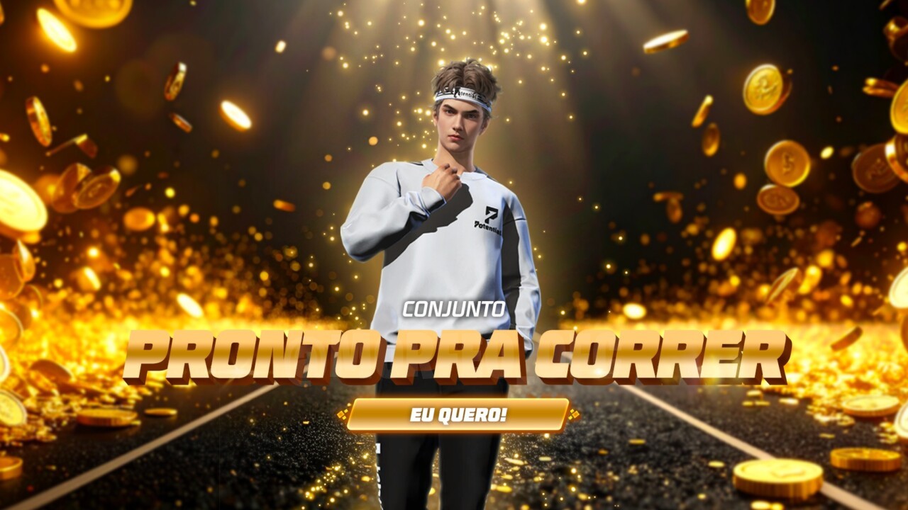 Imagem do novo Escolha Royale no Free Fire, destacando como obter o conjunto 'Pronto Pra Correr' e a skin de veículo 'Carro
